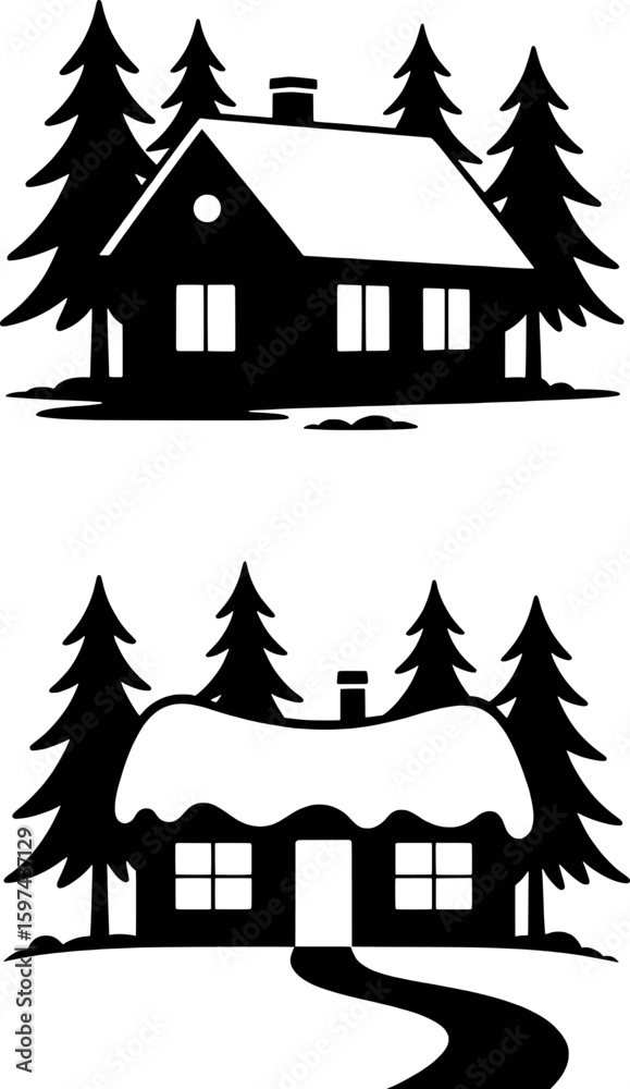 Obraz premium Winter cabin surrounded by evergreen trees house snow
