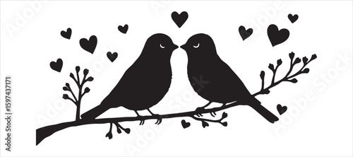 A picture of two lovebirds perched on a branch surrounded by hearts

