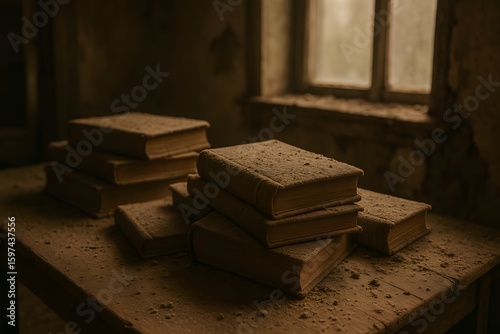 Dusty Old Books on Wooden Table by Window in Abandoned Room Historical Literature
