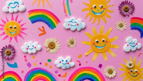 Bright and cheerful flat lay with suns, rainbows, clouds, flowers on pink background
