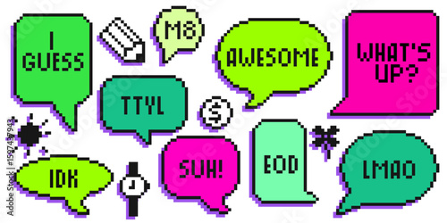 Pixel art speech bubbles set in bright colors - retro 8 bit chat balloons with text messages. Gaming style dialogue boxes for digital communication, messenger stickers, social media design elements.