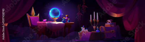 Fortune teller mystical scene with glowing crystal ball on wooden table, purple curtains, burning candles in holder, spell books and potions. Dark magic chamber interior for fantasy game design.