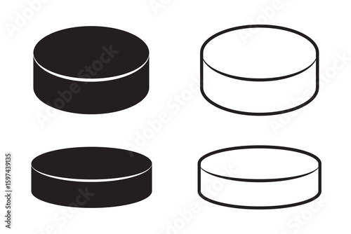 Hockey pucks silhouette,  Hockey puck icon set in black filled and stroke line style.