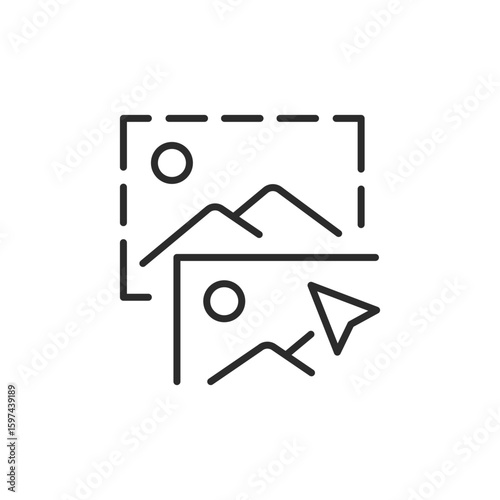 Image icon. UI/UX element showing photo preview with cursor and dashed outline. Concept for drag and drop, media upload or content placement. Vector illustration