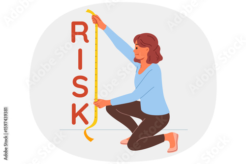 Woman measures possible risks when concluding business deal or expensive purchase, using measuring tape. Concept of importance of risks testing and situation analysis to find weak points
