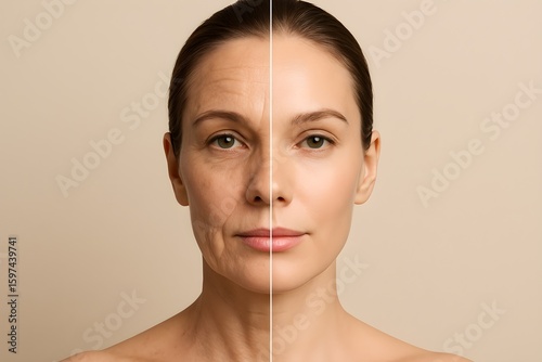 Split image showing a woman's face before and after anti-aging treatment. Ideal for visualizing skincare results, beauty products, and dermatology or cosmetic procedures.