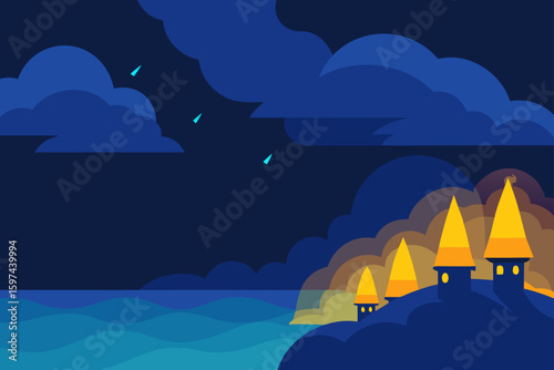 Stylized night landscape with glowing conical buildings by the sea
