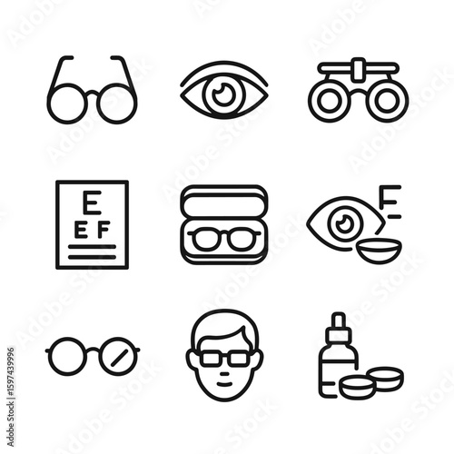 Eye care and optometry icons set. Outline symbols. Line design