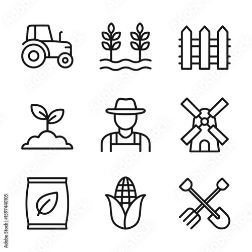 Agricultural production and tools icons. Outline symbols. Line design
