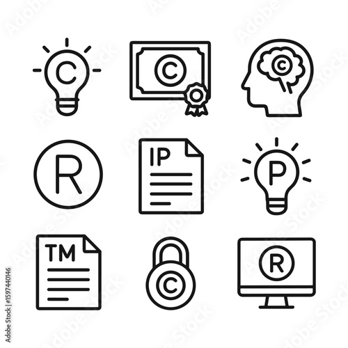 Intellectual property rights vector icons. Outline symbols. Line design