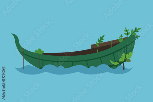 Green boat with plants growing on it in the water