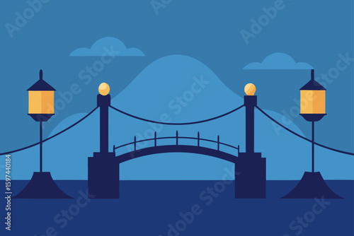 Serene nighttime bridge with glowing lanterns and distant hills