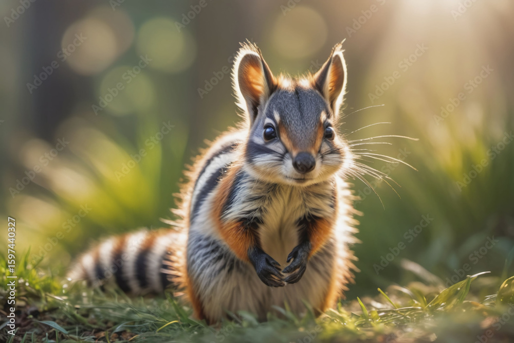 Fototapeta premium Enchanting Portrait of a Striped Chipmunk Bathed in Morning Light, Displaying its Natural Charm with Soft Focus Background and Captivating Gaze Amidst Verdant Grass