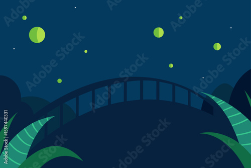 Magical night scene with fireflies and a bridge