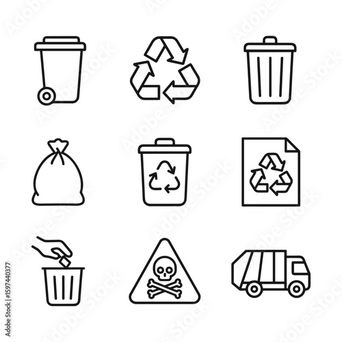 Sustainability waste icons collection. Outline symbols. Line design