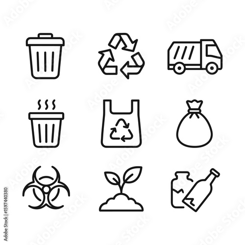 Recycling and waste management icons. Outline symbols. Line design