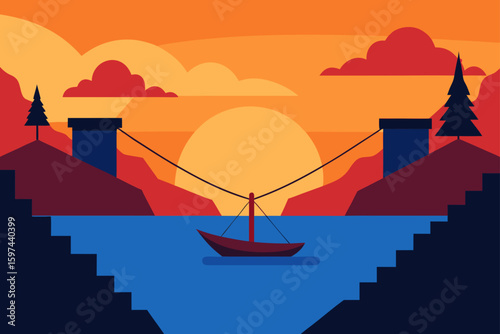 Serene sunset over water with a lone boat and bridge