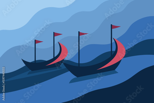 Two boats sailing on a wavy blue sea with red flags