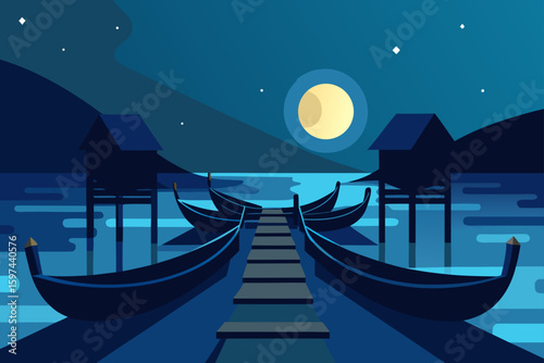 Serene night scene with gondolas and moonlit water