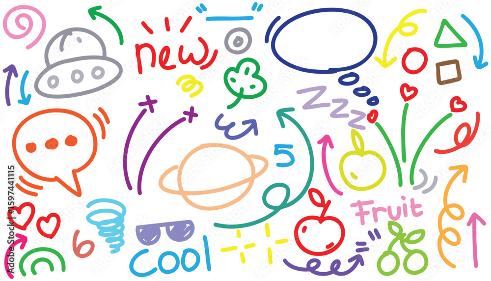 Fototapeta premium hand drawn colorful doodle vector set, love, Natural , star, cloud, weather, rainbow, flower, bubble, heart and creative design vector collection.