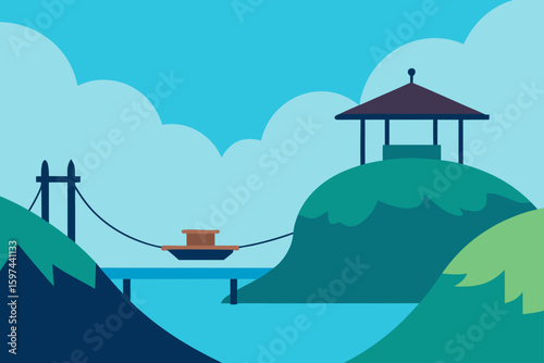 Flat design landscape with bridge and gazebo
