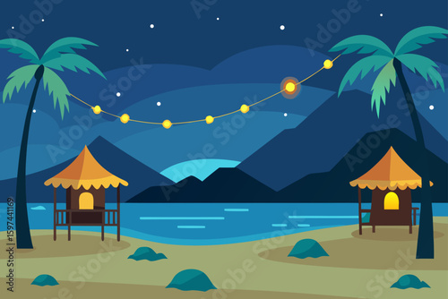 Tropical beach bungalows under starry night sky with string lights