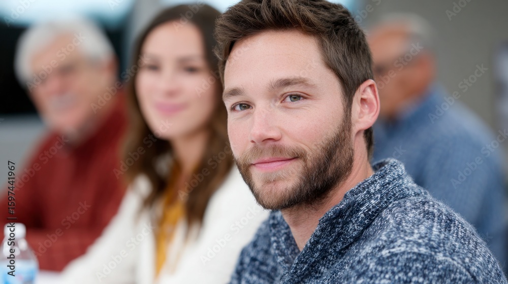 Fototapeta premium Man with beard in focus smiling with blurred people behind Background Caucasian