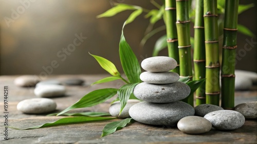 Stacked stones and bamboo stalks create a zen atmosphere