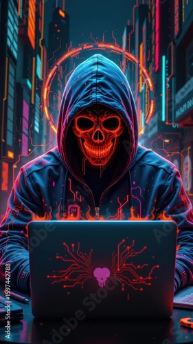 Mysterious hacker in a dark urban setting with glowing skull hoodie, cybernetic design, and neon lights glowing in the background