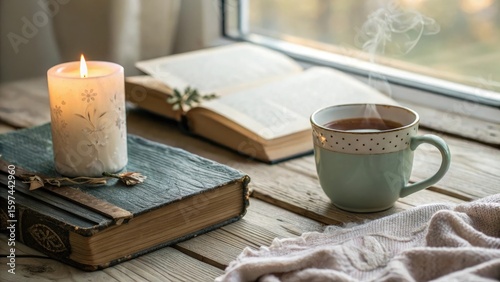 A cozy scene with a candle, book, and cup of tea