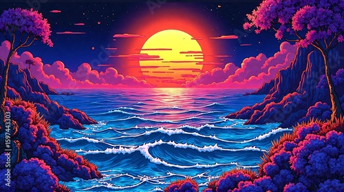 Vibrant sunset over the ocean creates a colorful landscape