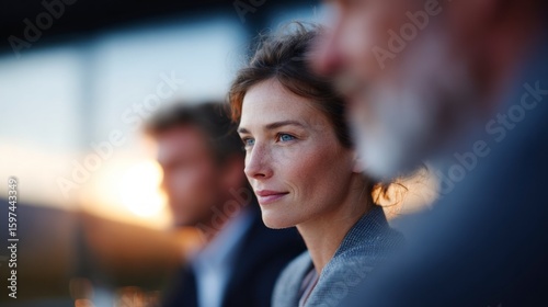 Wallpaper Mural Confident woman with freckles looks to the side with blurred figures and sunset background Torontodigital.ca