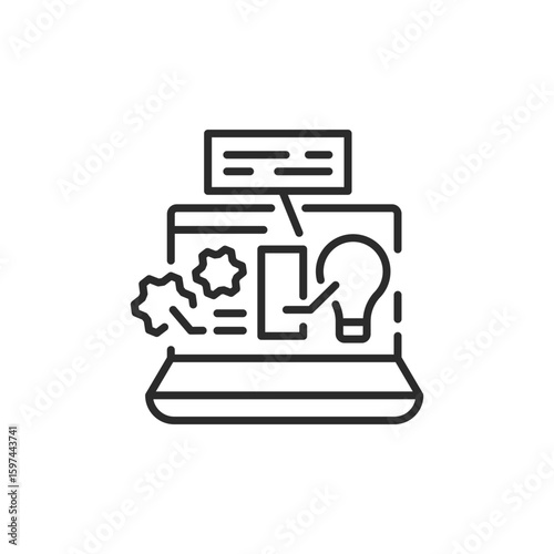 Page creation icon. Laptop screen with creative elements like lightbulb, gears, and layout symbolizing webpage building or content design. Vector illustration