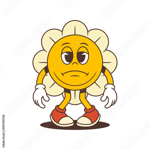 Retro flower mascot with droopy eyes and frown, expressing sadness and emotional vulnerability. Ideal for storytelling, mood graphics, and expressive design projects. Vector illustration