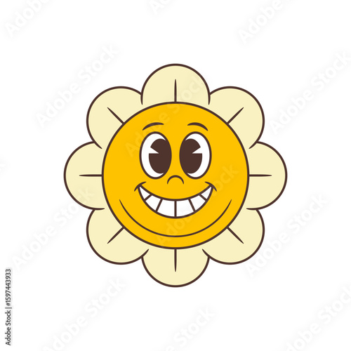 Bright cartoon flower character with expressive eyes, toothy smile, and symmetrical petals. Perfect for children themes, branding, or positive emotional content. Vector illustration