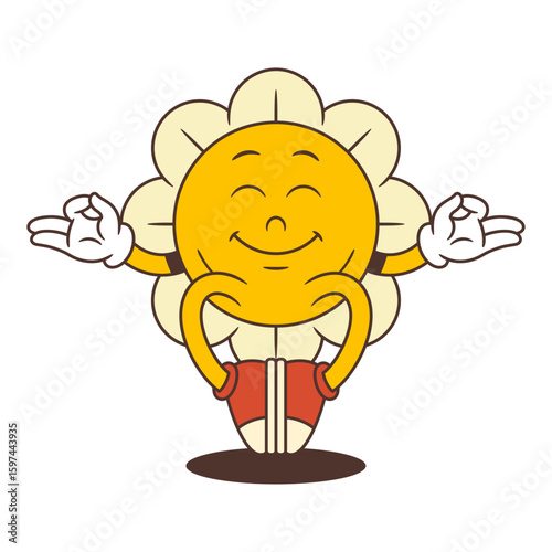 Cartoon flower mascot with a happy face sitting in a meditative pose with both hands in mudra gesture. Perfect for wellness, mindfulness, and educational content. Vector illustration