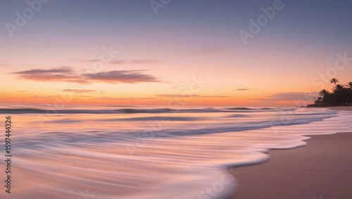 Ocean waves at sunset on a sandy beach