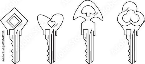 The Illustration of key with unique shape such as heart, diamond, clove, and spade