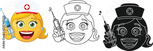 Nurse emoji vector illustration with syringe and medical cap for healthcare and vaccination concept vector