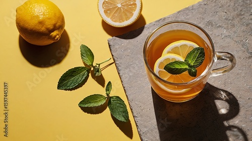 orange slices and orange drink in a glass with a yellow background like orange peel.