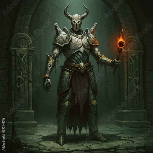 Ancient Demon Guarding Forgotten Tomb, Illuminated by a Dying Torch