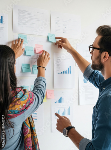 Project team discussing plans with the aid of visual notes.