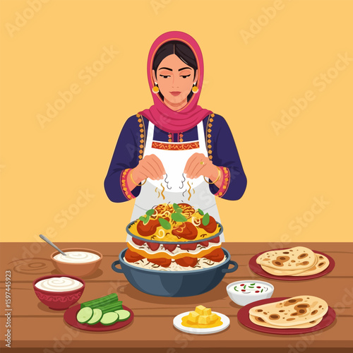 Woman in Hijab Cooking Authentic Middle Eastern Biryani Dish