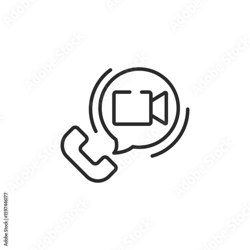 Video call notification icon. Simple outline icon of a phone and speech bubble with a camera symbol. Represents incoming video call, digital communication and app interface alerts. Vector illustration
