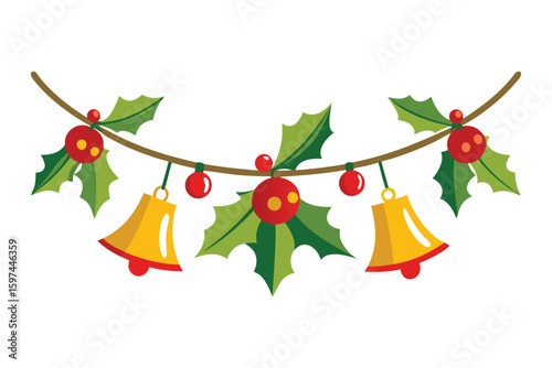 Christmas holly garland with bells vector illustration.