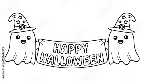 Happy Halloween banner illustration for coloring book or holiday design