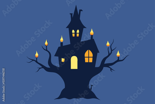 haunted house with bats and moon