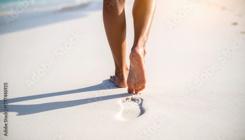 A close-up of a woman's bare feet walking on a white sandy beach in the warm sunlight. Generated image