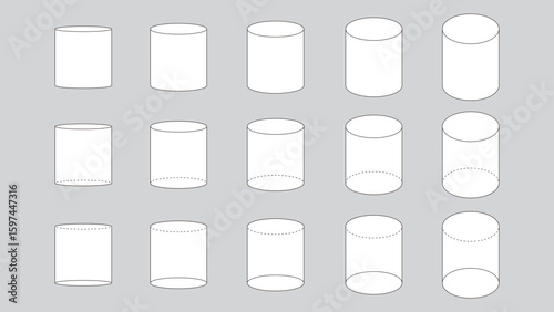 様々な角度から見た円柱のセット。図形のベクターイラスト