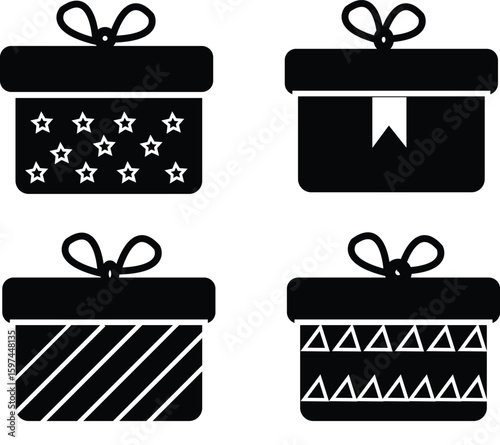 Collection of various gift box icons with bows silhouette line art  vector illustration 